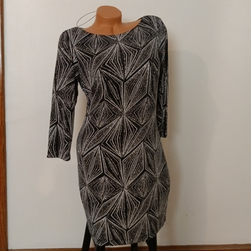 Jessica Howard 3/4‎ Sleeve Sequin-Glitter-Knit Sheath Dress Black  Silver - 10P
